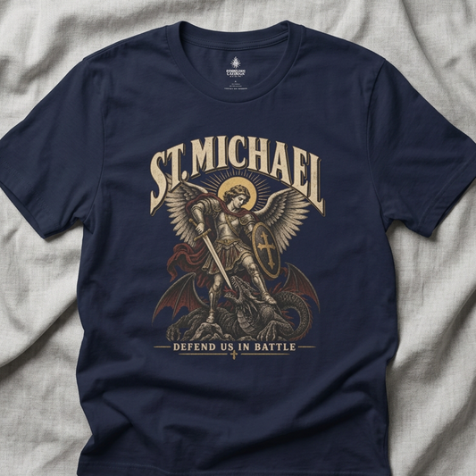 St. Michael Defender Graphic T-Shirt — 'Defend Us in Battle' Archangel Tee