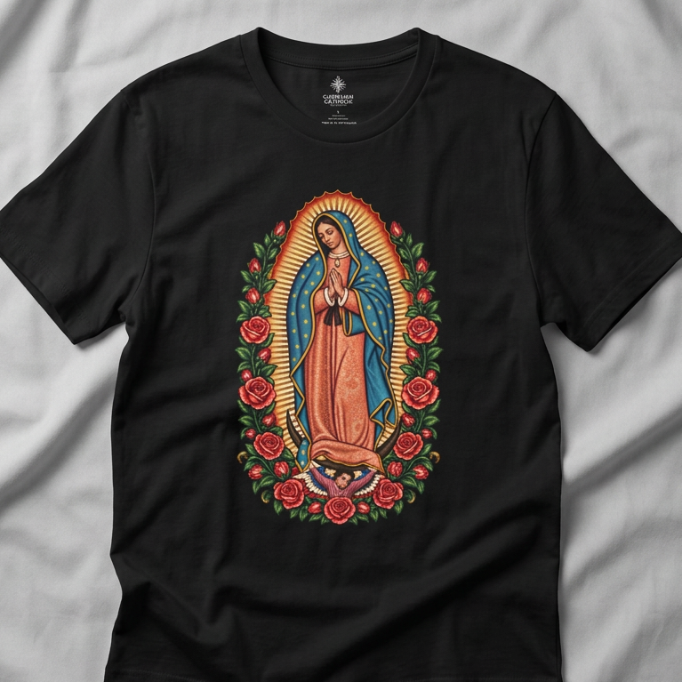 Our Lady of Guadalupe T-Shirt — Virgin Mary Catholic Devotional Tee with Roses