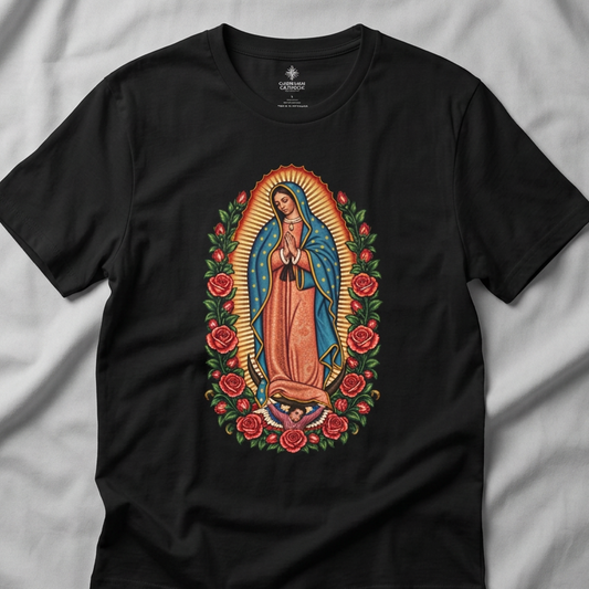 Our Lady of Guadalupe T-Shirt — Virgin Mary Catholic Devotional Tee with Roses