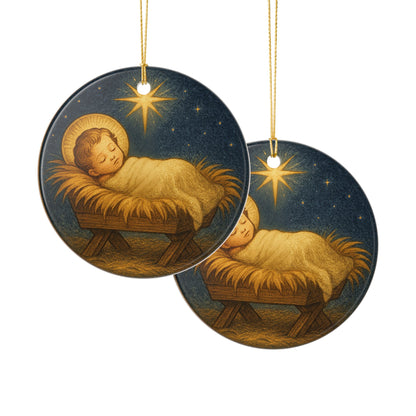 Baby Jesus Manger Ceramic Ceramic Christmas Ornament (2-Sided)