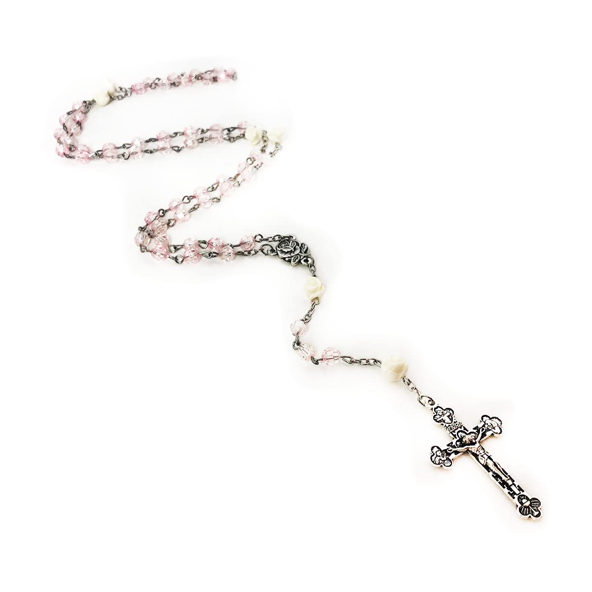 Blush Pink Crystal Cut Rosary for Women, Rose Beads