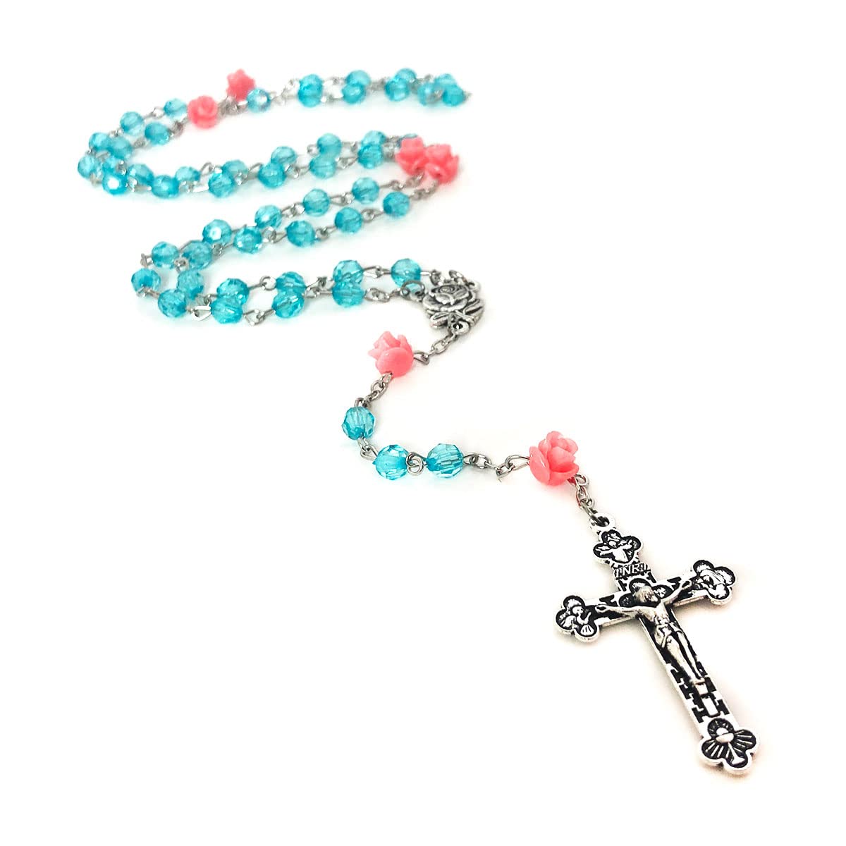 Turquoise Crystal Cut Rosary for Women, Pink Rose Beads