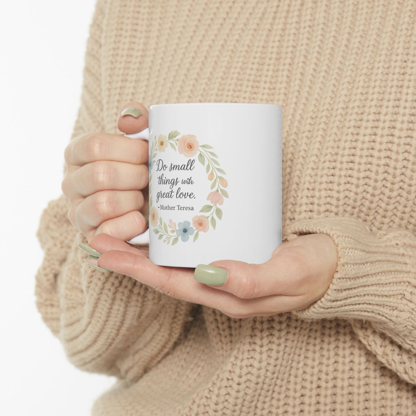 Mother Teresa Quote "Do Small Things With Great Love" Pastel Floral Wreath Catholic Coffee Mug (11oz or 15oz)