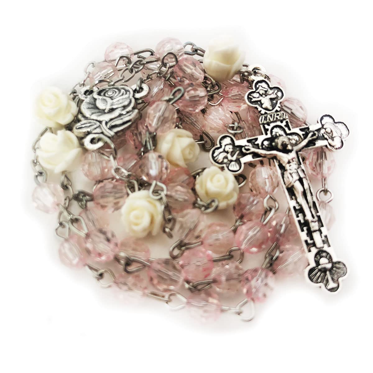 Blush Pink Crystal Cut Rosary for Women, Rose Beads