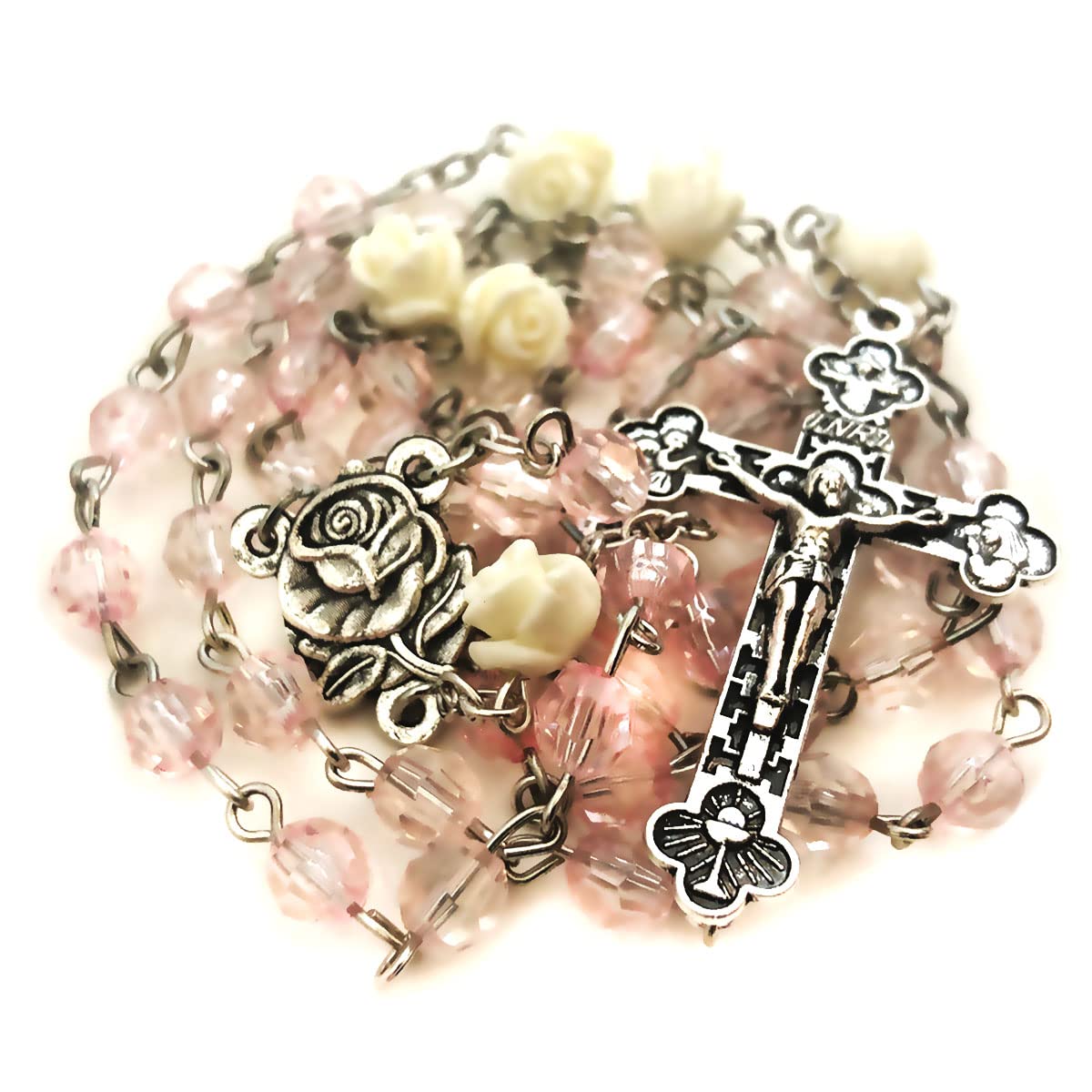Blush Pink Crystal Cut Rosary for Women, Rose Beads