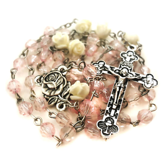 Blush Pink Crystal Cut Rosary for Women, Rose Beads