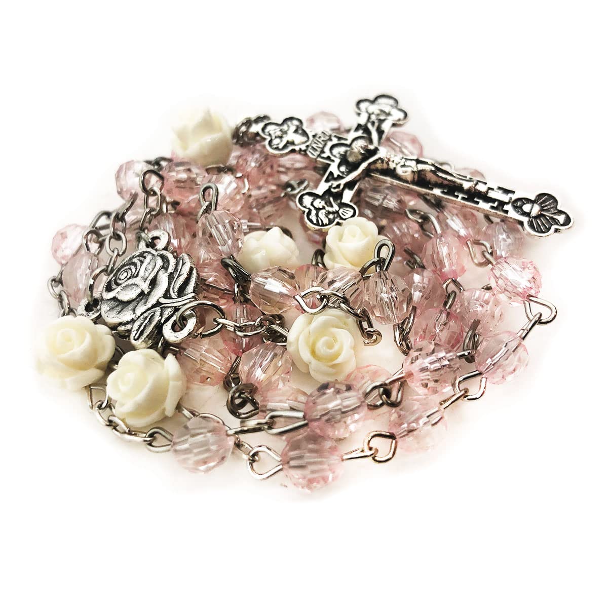 Blush Pink Crystal Cut Rosary for Women, Rose Beads