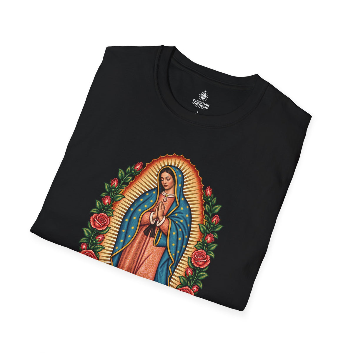 Our Lady of Guadalupe T-Shirt — Virgin Mary Catholic Devotional Tee with Roses