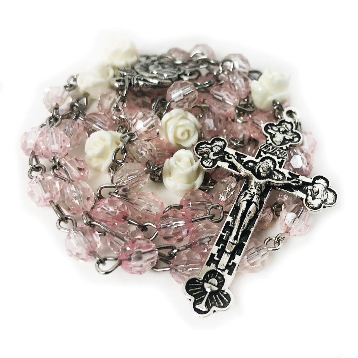 Blush Pink Crystal Cut Rosary for Women, Rose Beads
