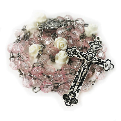 Blush Pink Crystal Cut Rosary for Women, Rose Beads