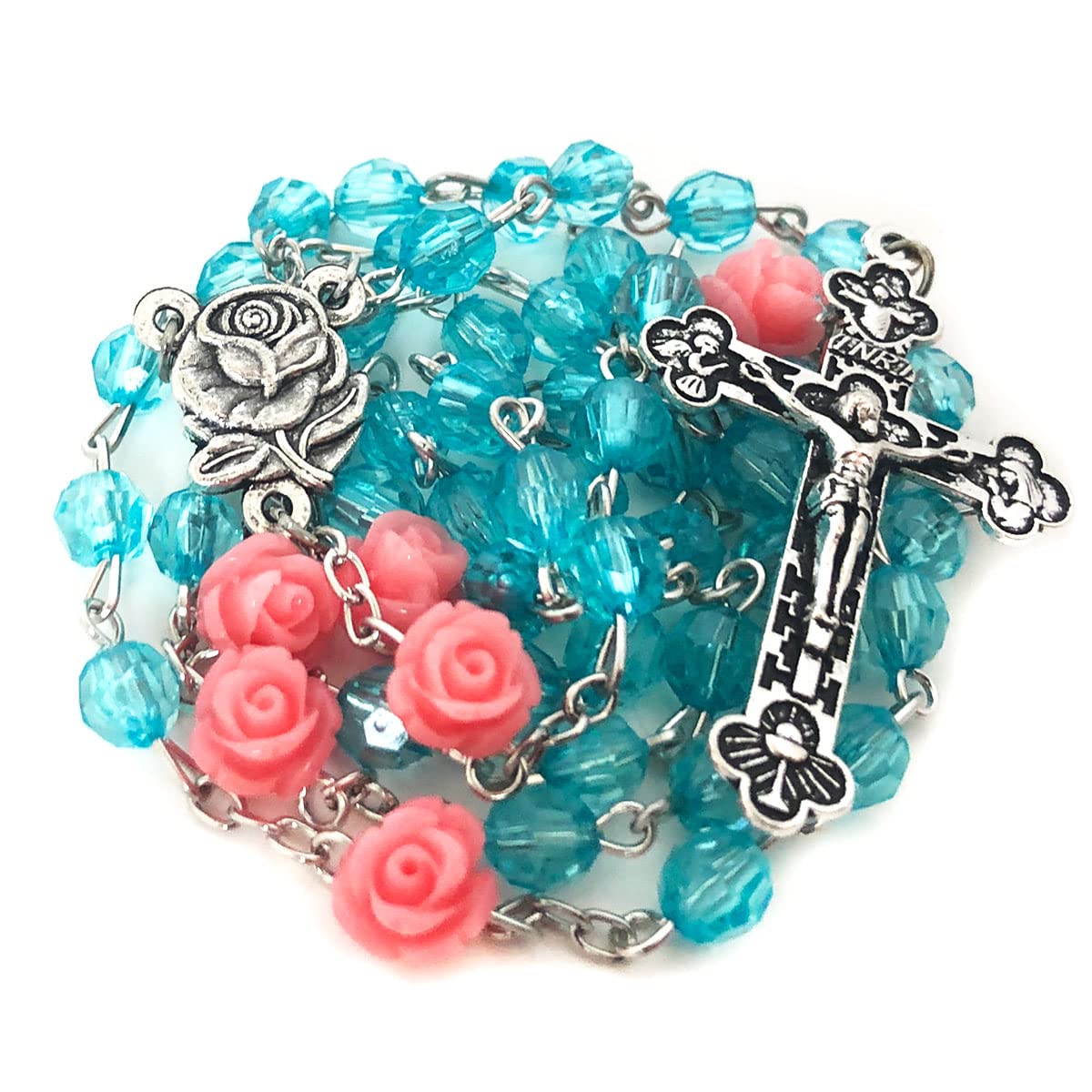 Turquoise Crystal Cut Rosary for Women, Pink Rose Beads
