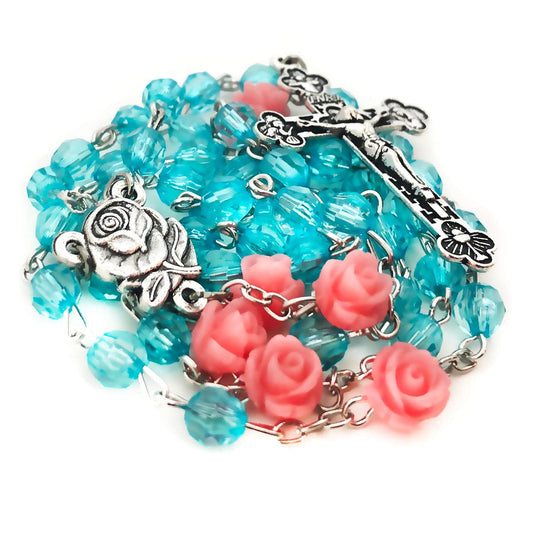 Turquoise Crystal Cut Rosary for Women, Pink Rose Beads