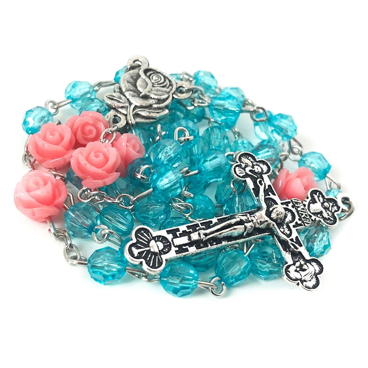 Turquoise Crystal Cut Rosary for Women, Pink Rose Beads