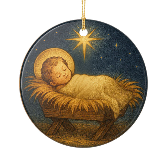Baby Jesus Manger Ceramic Ceramic Christmas Ornament (2-Sided)