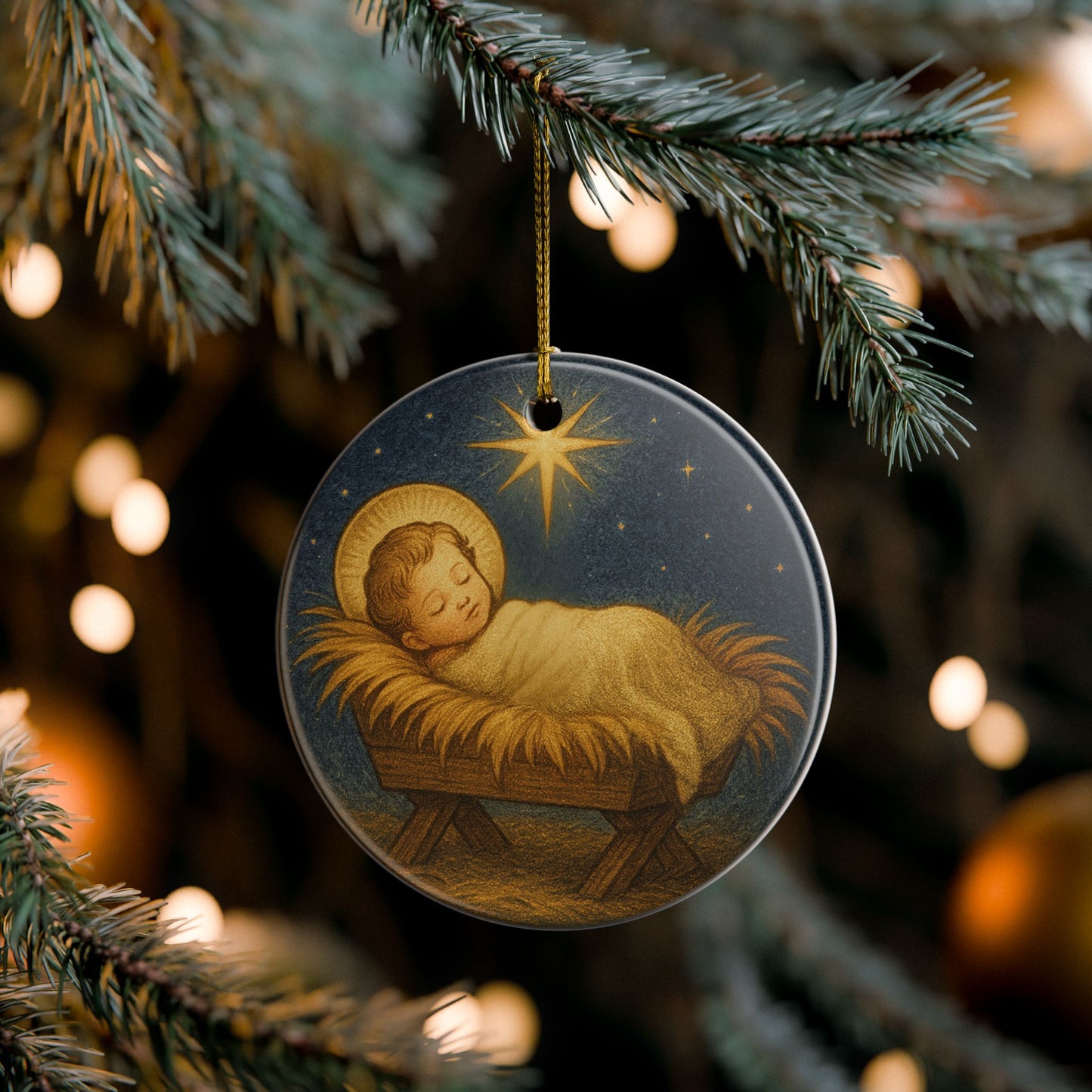 Baby Jesus Manger Ceramic Ceramic Christmas Ornament (2-Sided)