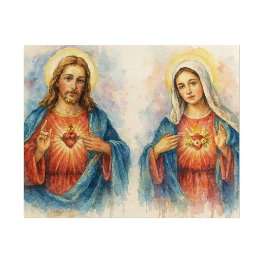 Sacred Heart of Jesus & Immaculate Heart of Mary Watercolor Art – Catholic Rolled Poster | 10x8, 14x11, 20x16 Sizes