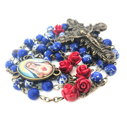 Immaculate Heart of Mary Blue Sandstone and Red Rose Rosary Set