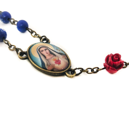 Immaculate Heart of Mary Blue Sandstone and Red Rose Rosary Set