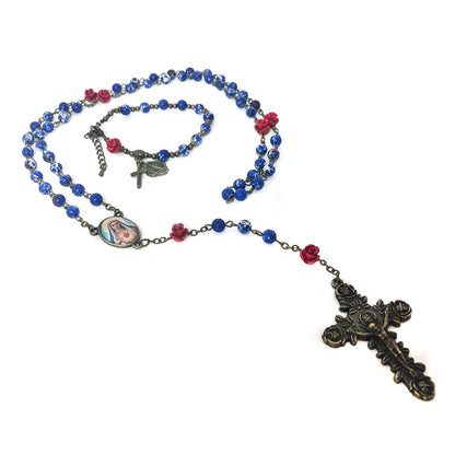Immaculate Heart of Mary Blue Sandstone and Red Rose Rosary Set