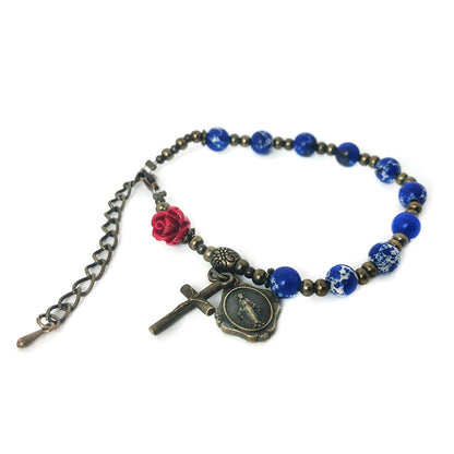 Immaculate Heart of Mary Blue Sandstone and Red Rose Rosary Set
