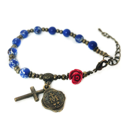 Immaculate Heart of Mary Blue Sandstone and Red Rose Rosary Set