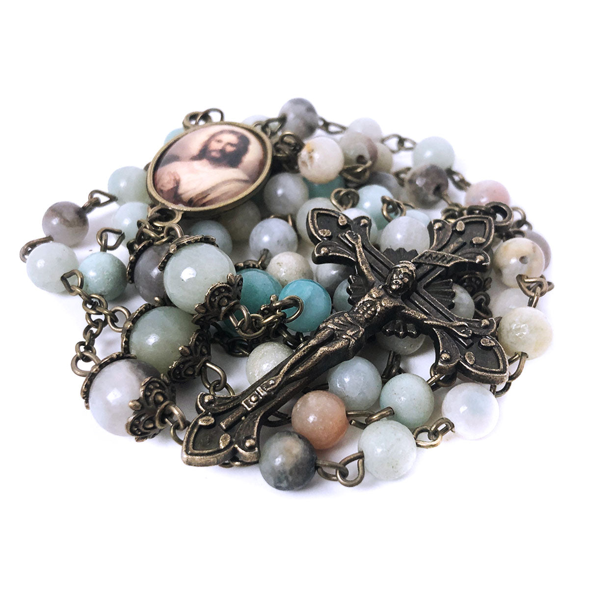 Jesus Christ Amazonite Stone Rosary and Rosary Bracelet Set by Catholic Heirlooms - Confirmation - Holy Communion Gift - Rosary Necklace