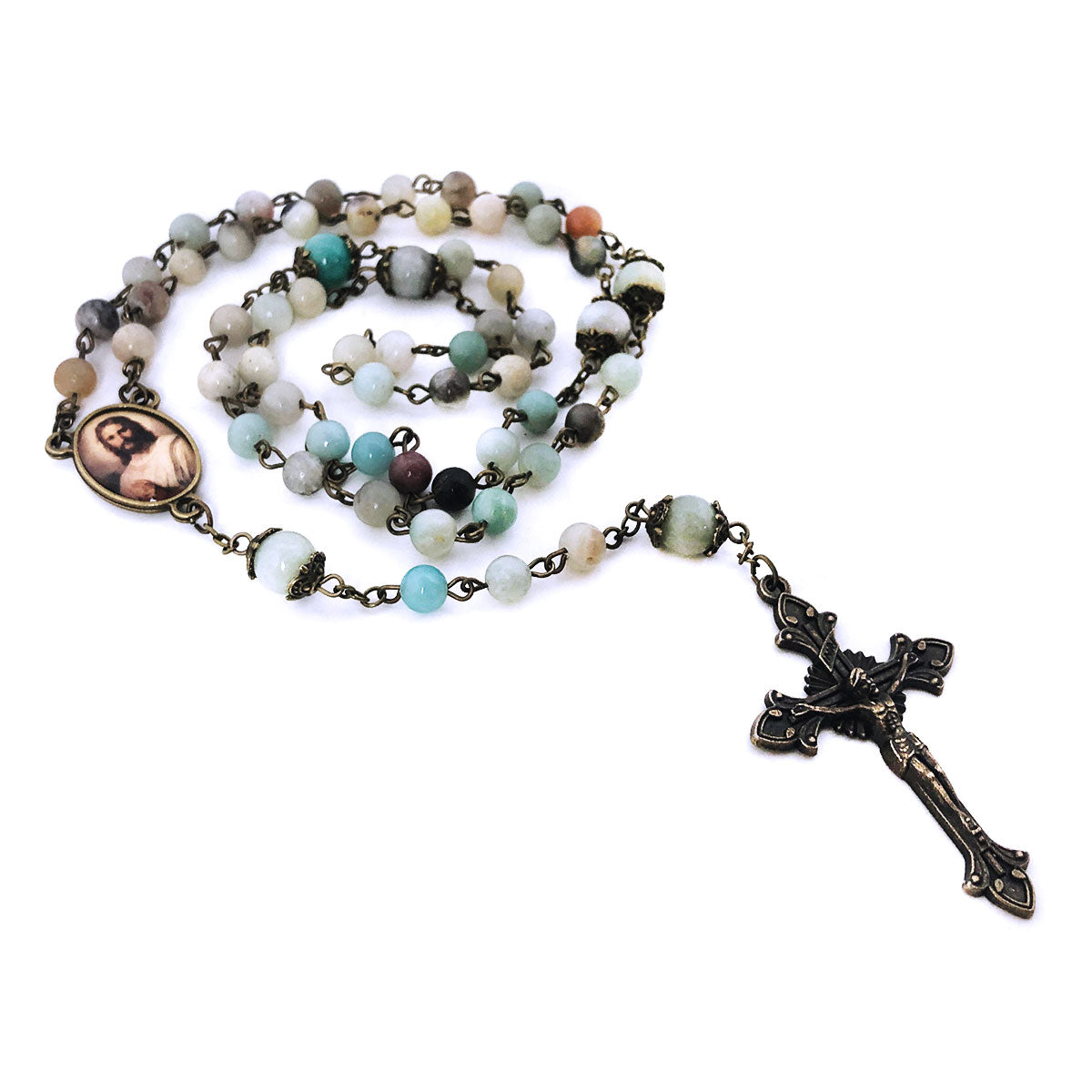 Jesus Christ Amazonite Stone Rosary and Rosary Bracelet Set by Catholic Heirlooms - Confirmation - Holy Communion Gift - Rosary Necklace