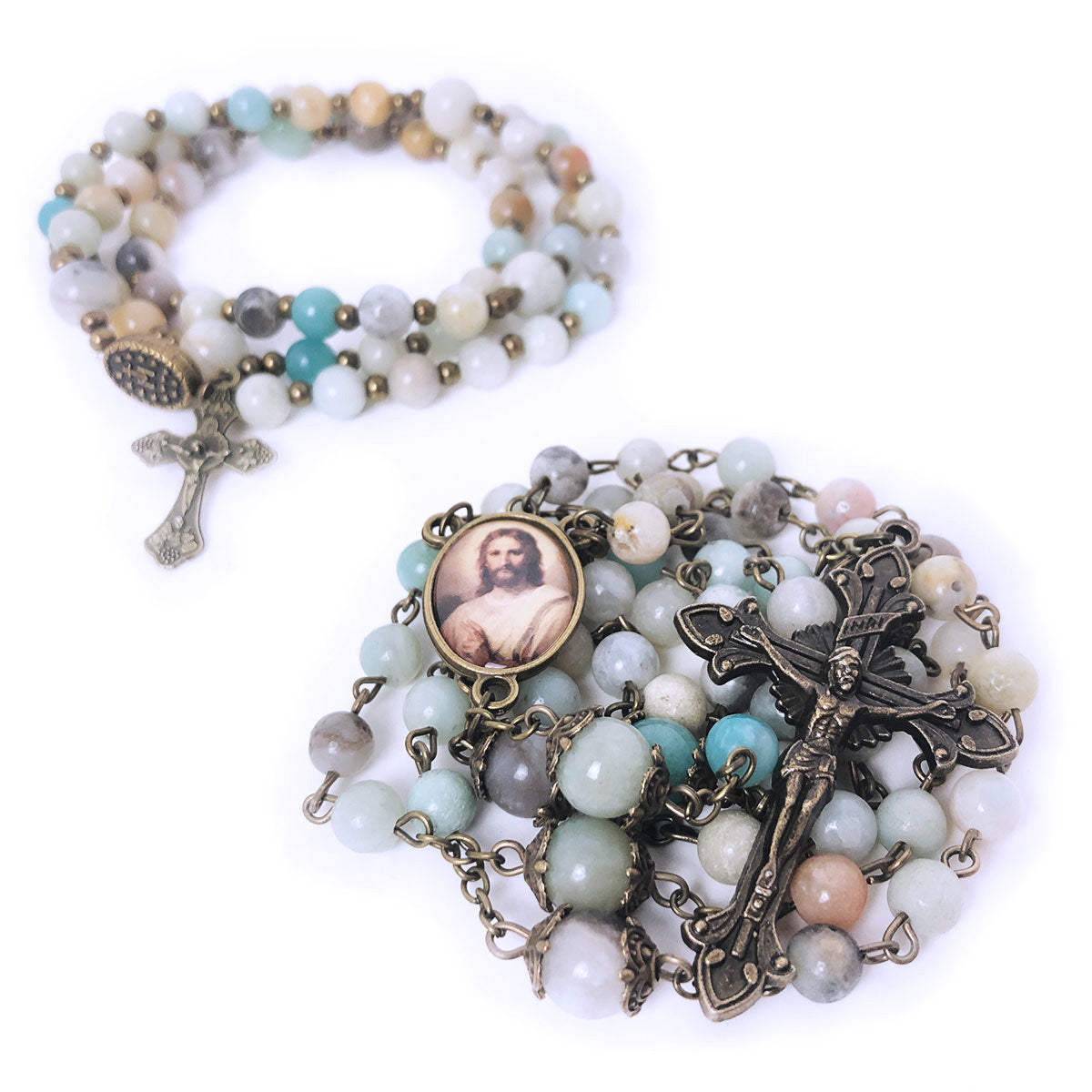 Jesus Christ Amazonite Stone Rosary and Rosary Bracelet Set by Catholic Heirlooms - Confirmation - Holy Communion Gift - Rosary Necklace