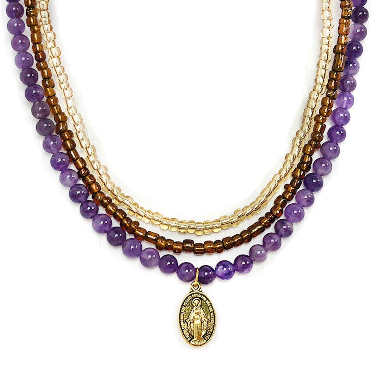 Miraculous Medal Necklace for Women Amethyst Layered Necklace with Rosary Bracelet Set by DALIA LORRAINE