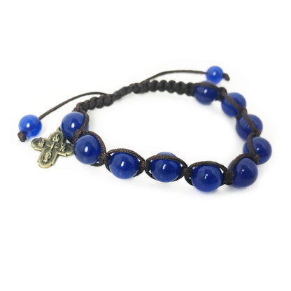 Holy Family Blue Jade and Sandstone Cord Rosary Set