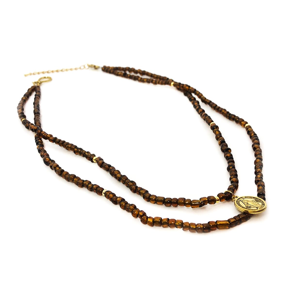 Miraculous Medal 2 Layer Brown Glass Bead Necklace and Virgin Mary Rosary Bracelet Set by DALIA LORRAINE