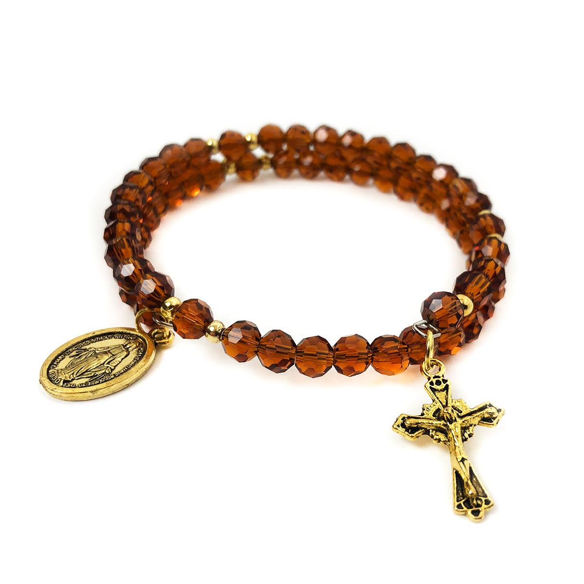 Miraculous Medal 2 Layer Brown Glass Bead Necklace and Virgin Mary Rosary Bracelet Set by DALIA LORRAINE