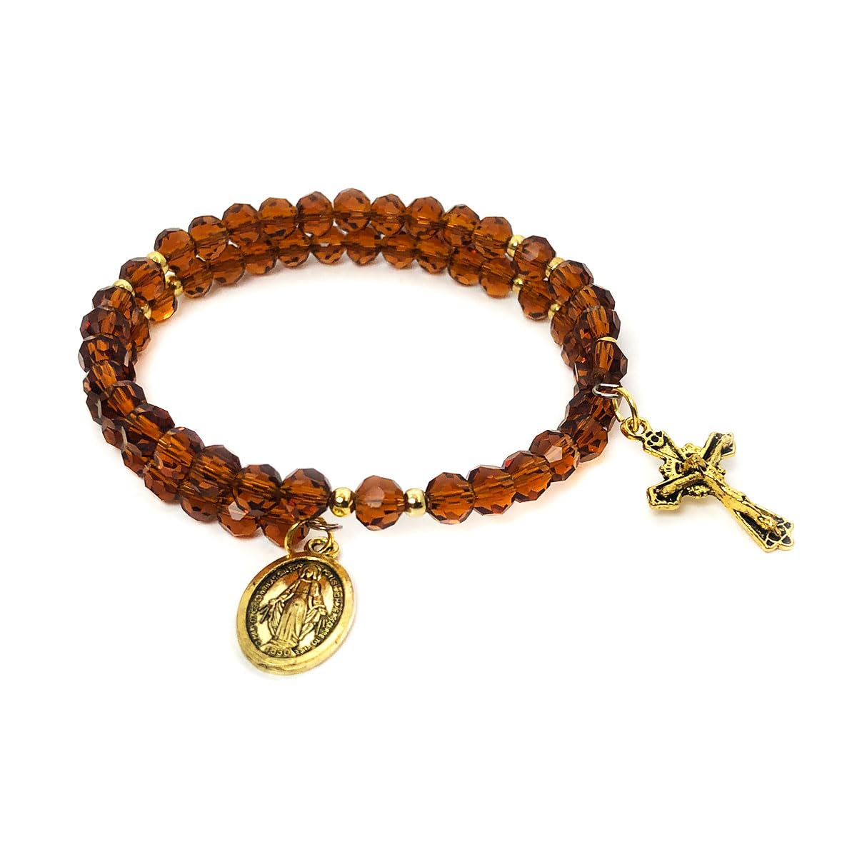 Miraculous Medal 2 Layer Brown Glass Bead Necklace and Virgin Mary Rosary Bracelet Set by DALIA LORRAINE