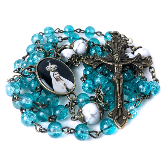 Our Lady of Fatima Aqua Crackle Glass and White Howlite Stone Catholic Rosary