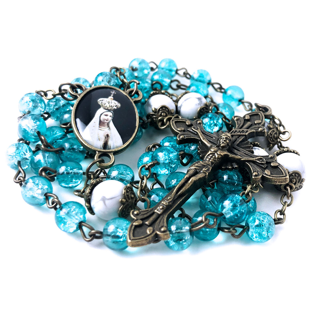 Our Lady of Fatima Aqua Crackle Glass and White Howlite Stone Catholic Rosary