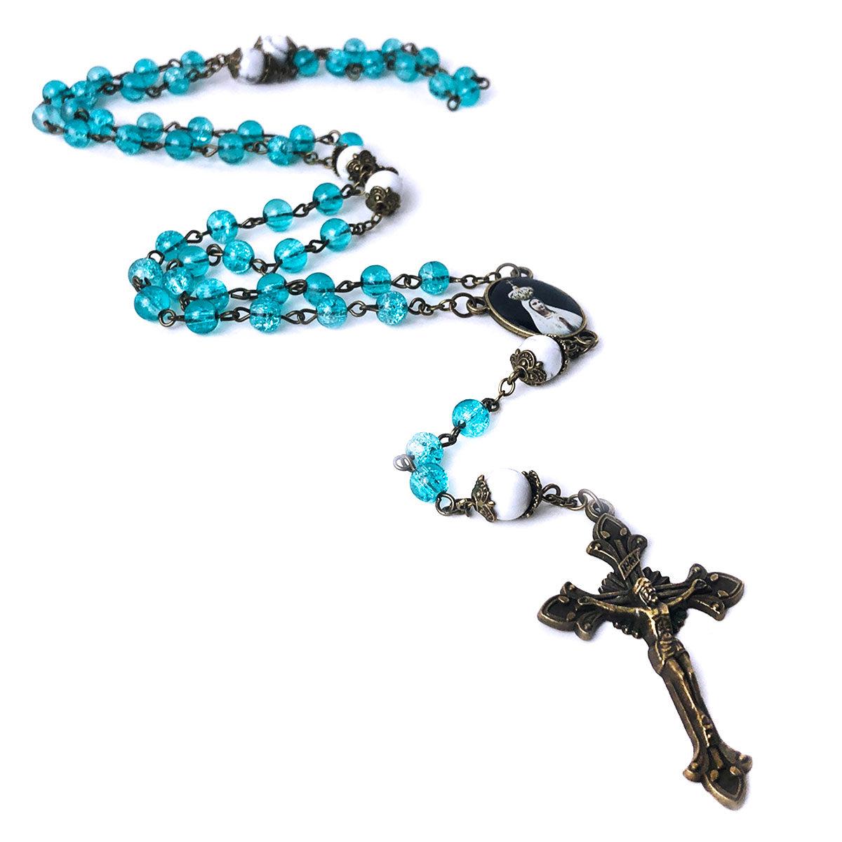 Our Lady of Fatima Aqua Crackle Glass and White Howlite Stone Catholic Rosary