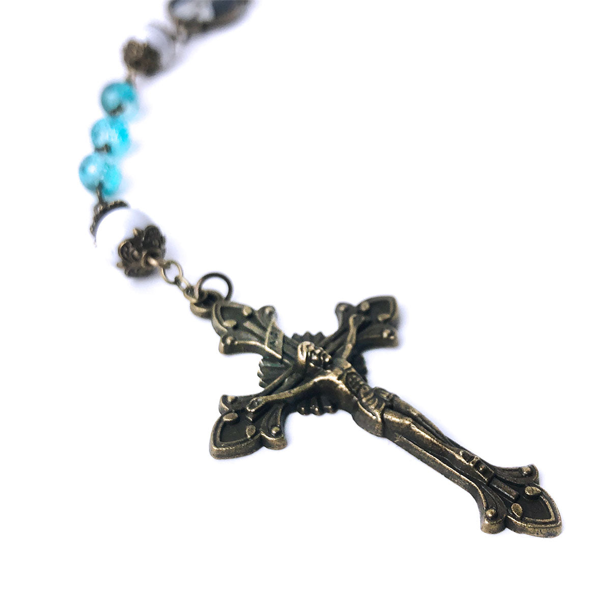 Our Lady of Fatima Aqua Crackle Glass and White Howlite Stone Catholic Rosary