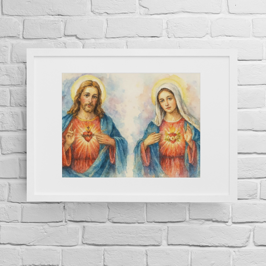 Framed artwork of two religious figures on a white brick wall.