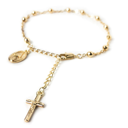 Catholic Rosary Bracelet with Our Lady of Graces Medal and Crucifix Charm - 14K Gold Plated