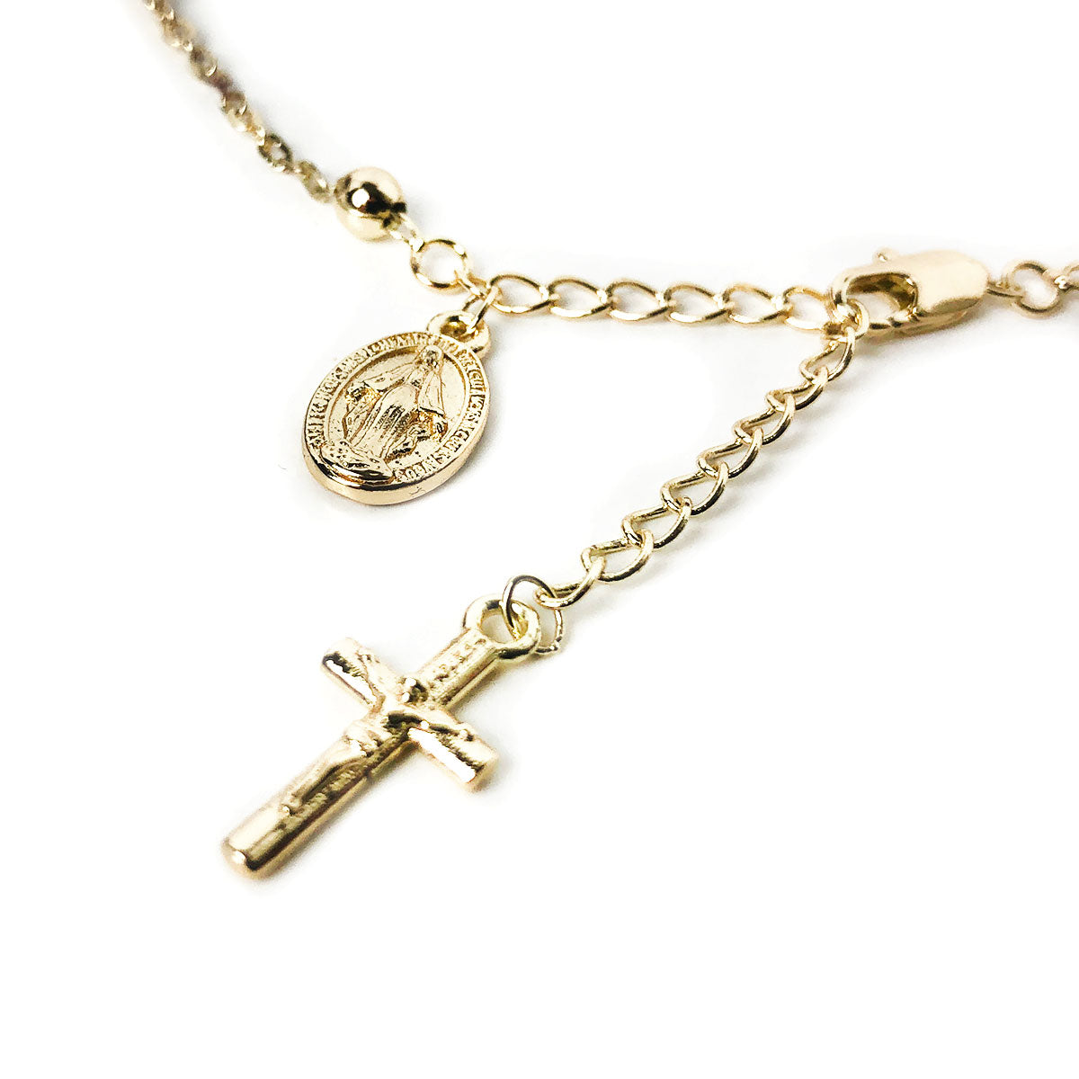 Catholic Rosary Bracelet with Our Lady of Graces Medal and Crucifix Charm - 14K Gold Plated