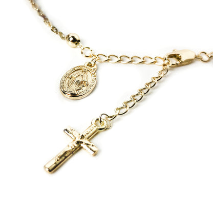 Catholic Rosary Bracelet with Our Lady of Graces Medal and Crucifix Charm - 14K Gold Plated