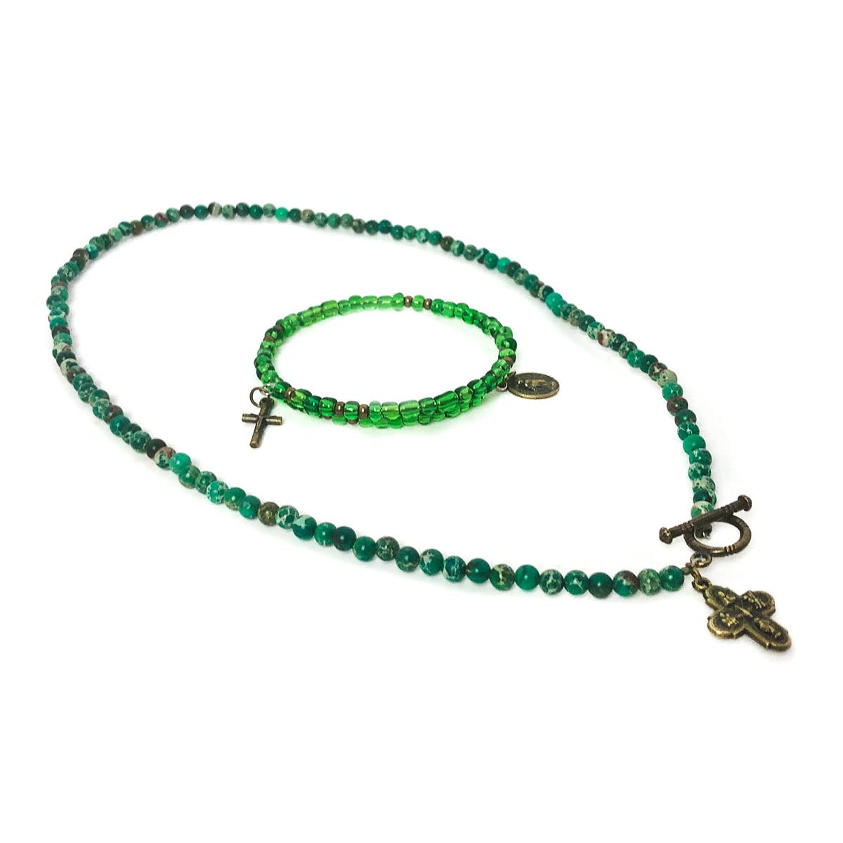 Four Way Medal Green Sandstone Front Toggle Clasp Necklace and Rosary Bracelet Set by DALIA LORRAINE