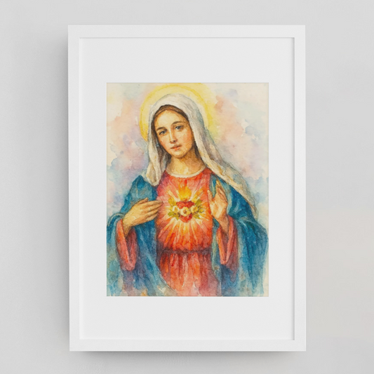 Immaculate Heart of Mary Watercolor Art – Catholic Rolled Poster | 5x7, 8x10, 11x14 Sizes