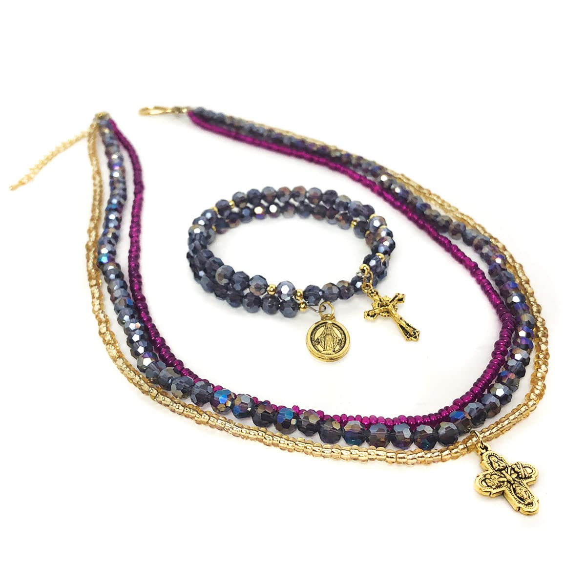 Four Way Medal Purple Crystal and Seed Bead 3 Layer Necklace & Catholic Bracelet Set by DALIA LORRAINE