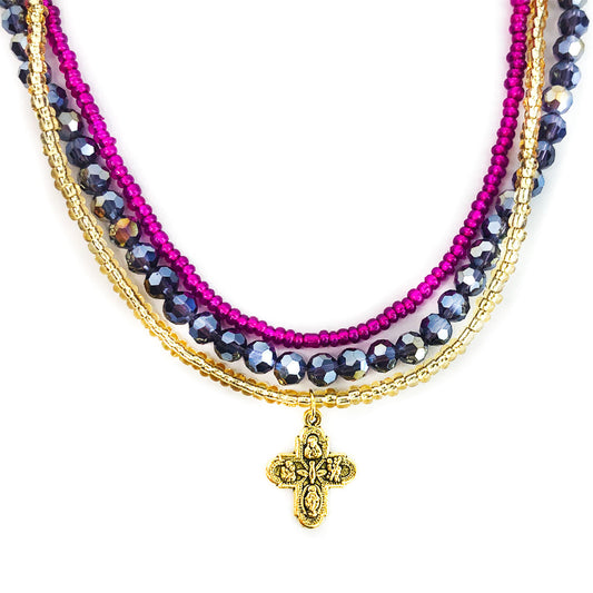 Four Way Medal Purple Crystal and Seed Bead 3 Layer Necklace & Catholic Bracelet Set by DALIA LORRAINE