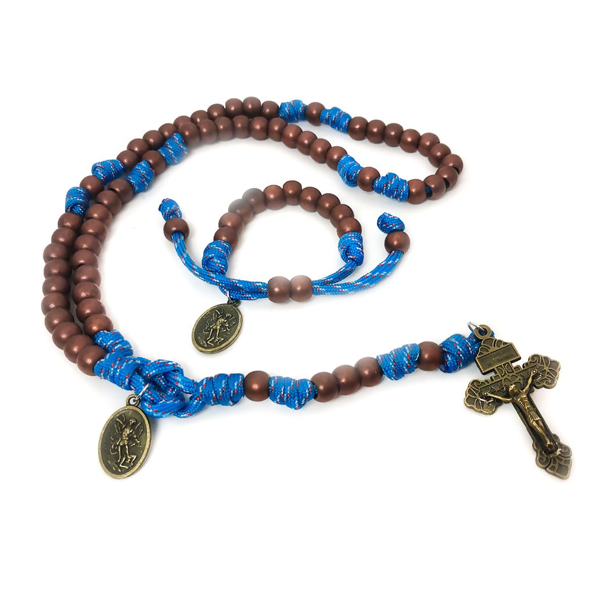 St. Michael Archangel Rosary and Bracelet Set with Crucifix and 10mm Hail Mary Beads, 10mm Copper-colored Acrylic Beads, Catholic Rosary Bracelet for Men and Women