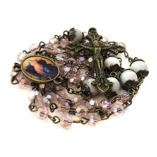 Assumption of the Virgin Mary Pink Crystal and White Howlite Stone Rosary Beads Catholic for Women and Rosary Bracelet for Women Set by Catholic Heirlooms