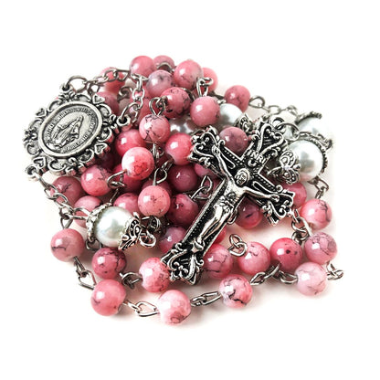Virgin Mary Marbled Pink and Faux Pearl Acrylic Rosary and 5 Decade Rosary Bracelet Set