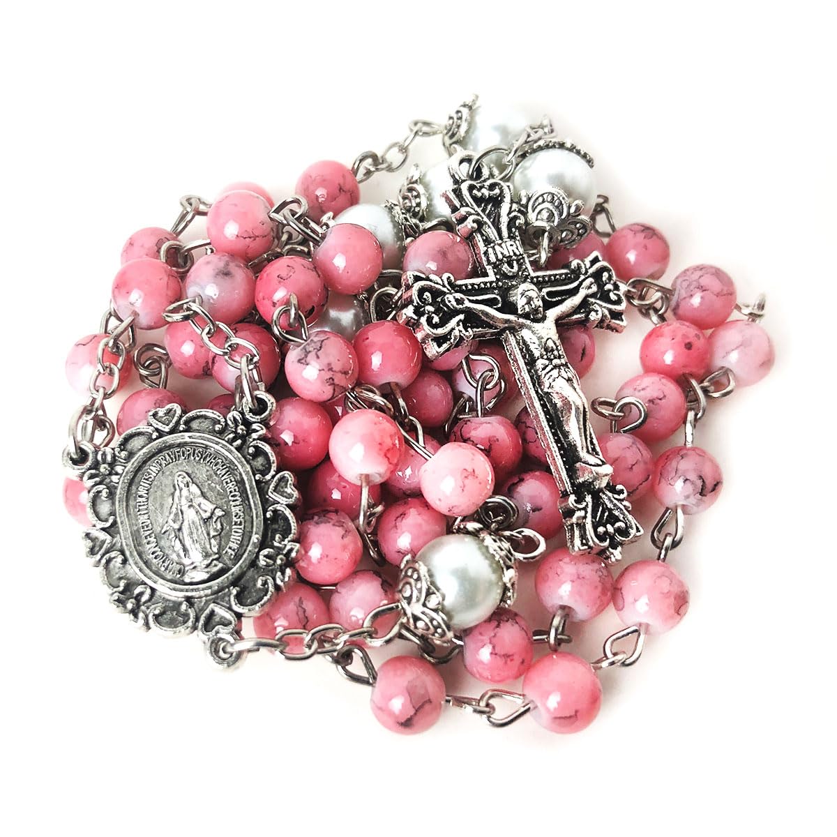Virgin Mary Marbled Pink and Faux Pearl Acrylic Rosary and 5 Decade Rosary Bracelet Set