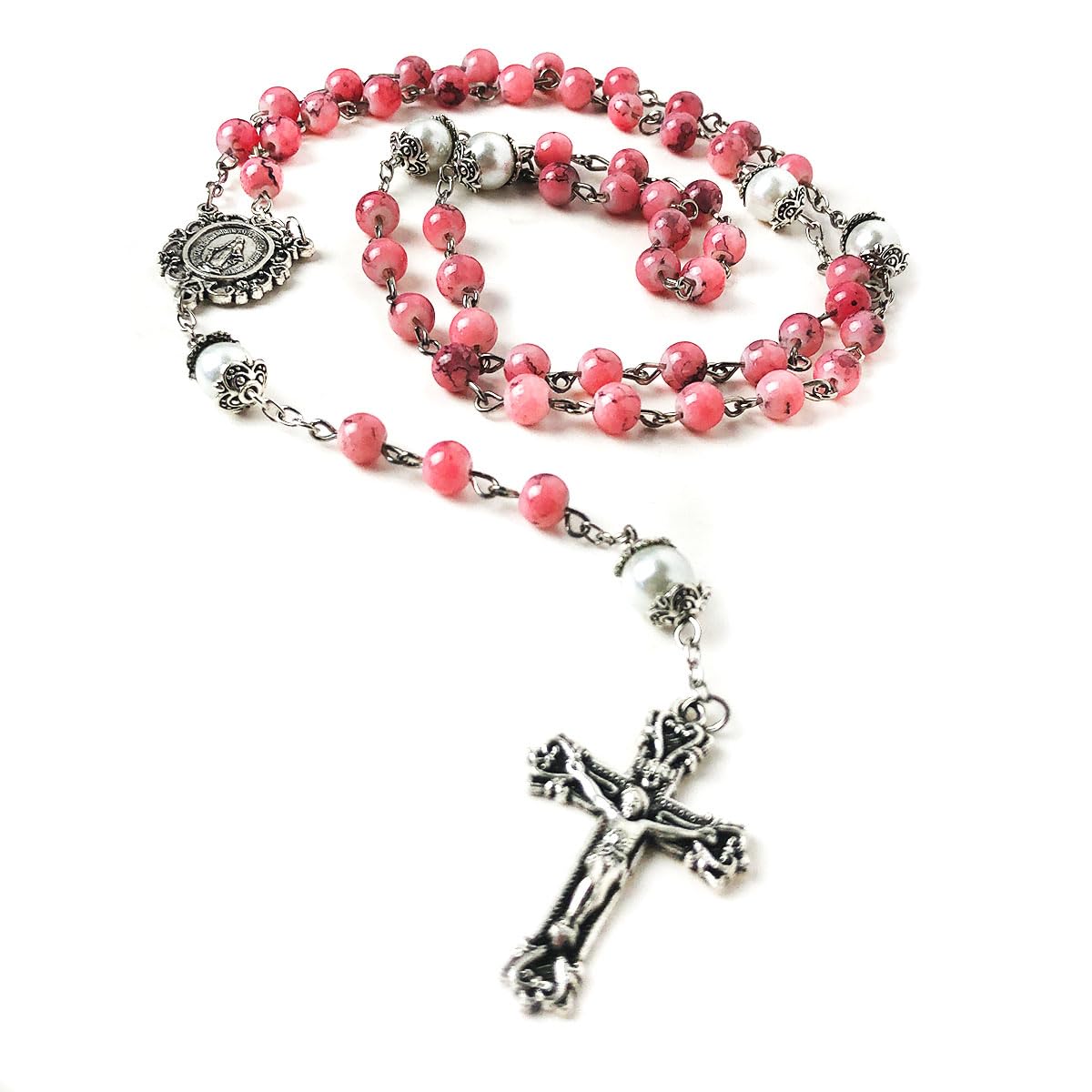Virgin Mary Marbled Pink and Faux Pearl Acrylic Rosary and 5 Decade Rosary Bracelet Set